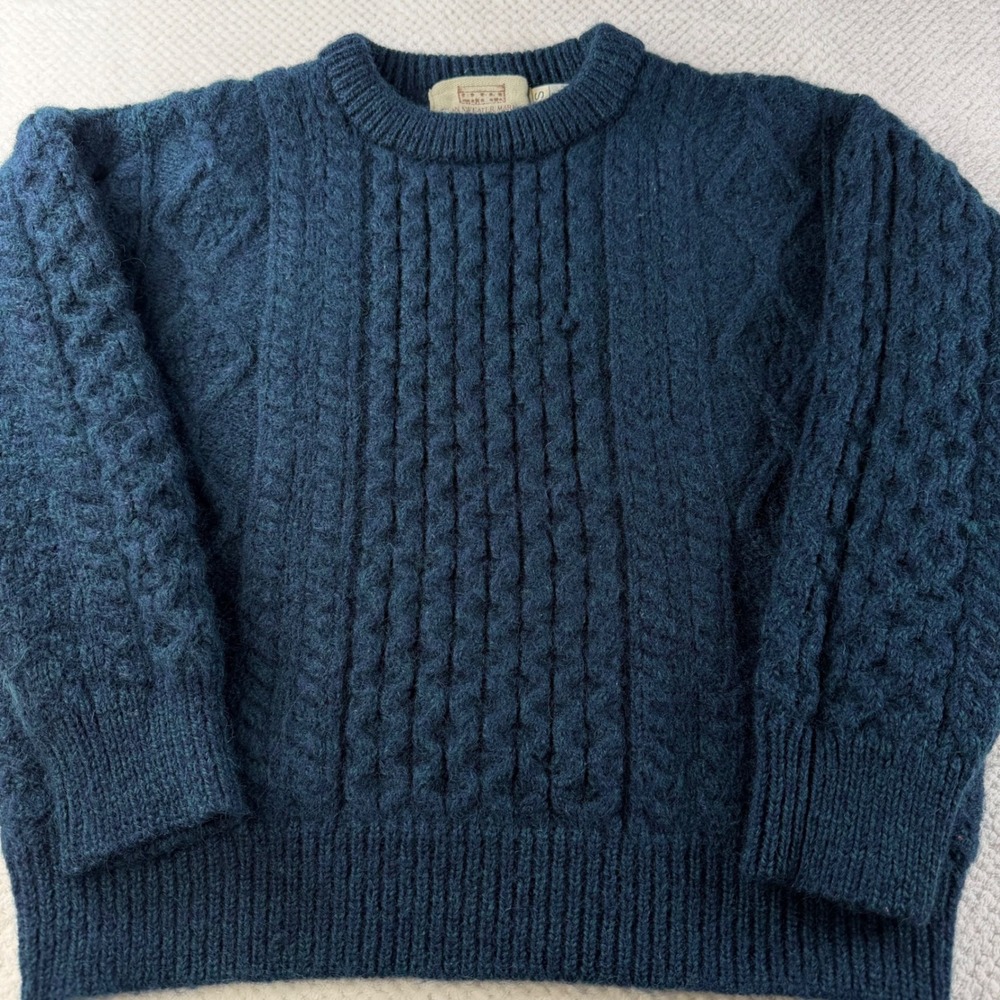 Aran Sweater Market Teal Blue 100% Wool Cable Knit Pullover Made in Ireland S